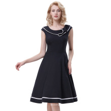 Belle Poque sem mangas de gola pescoço V-Back Sailor Black Retro Vintage 50s Swing Dress BP000381-1